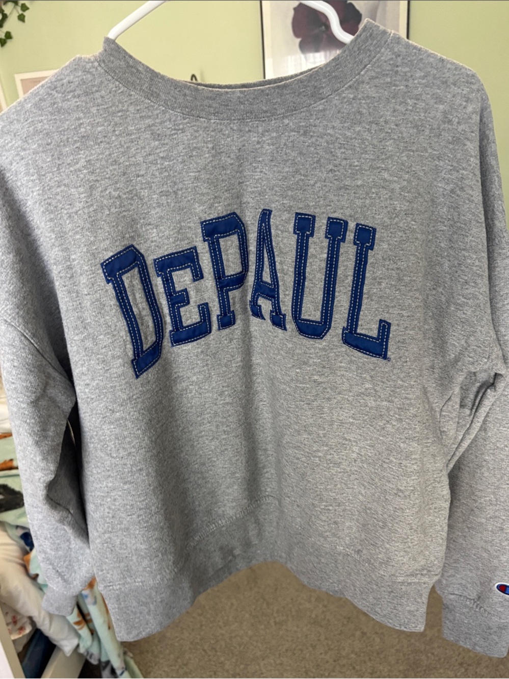 Champion Grey Crewneck with Blue DEPAUL Applique
